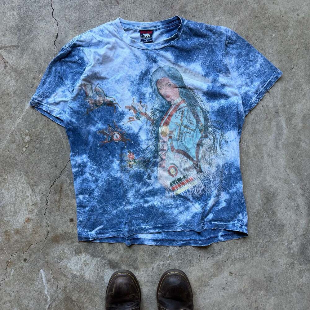 Vintage 1990s Polar Graphics U.S.A. Native American Woman Tie Dye AOP Tee
